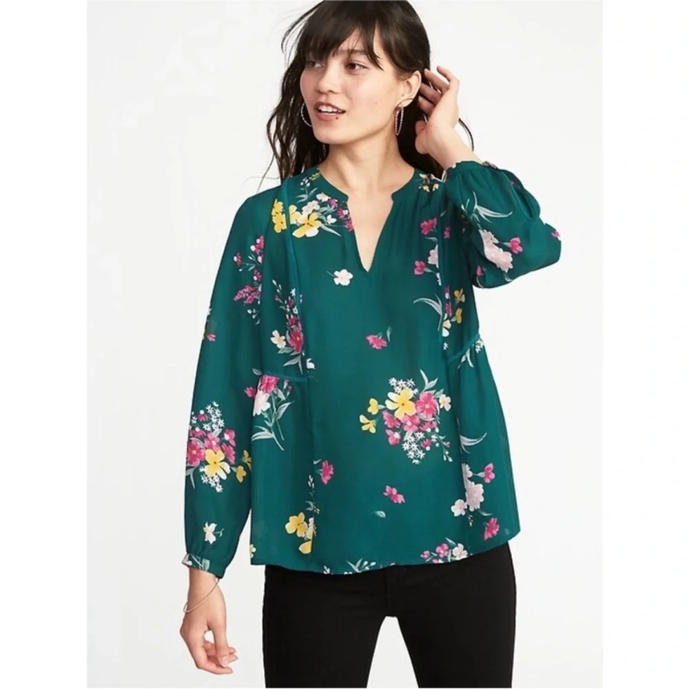 OLD NAVY Dark Green Floral Print Georgette Swing Blouse Size Medium - Picture 2 of 10